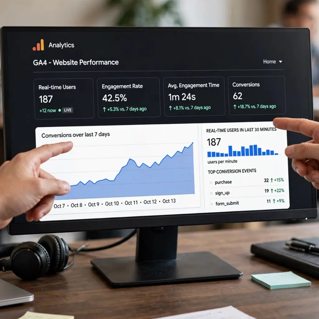 Website performance analytics dashboard on a monitor