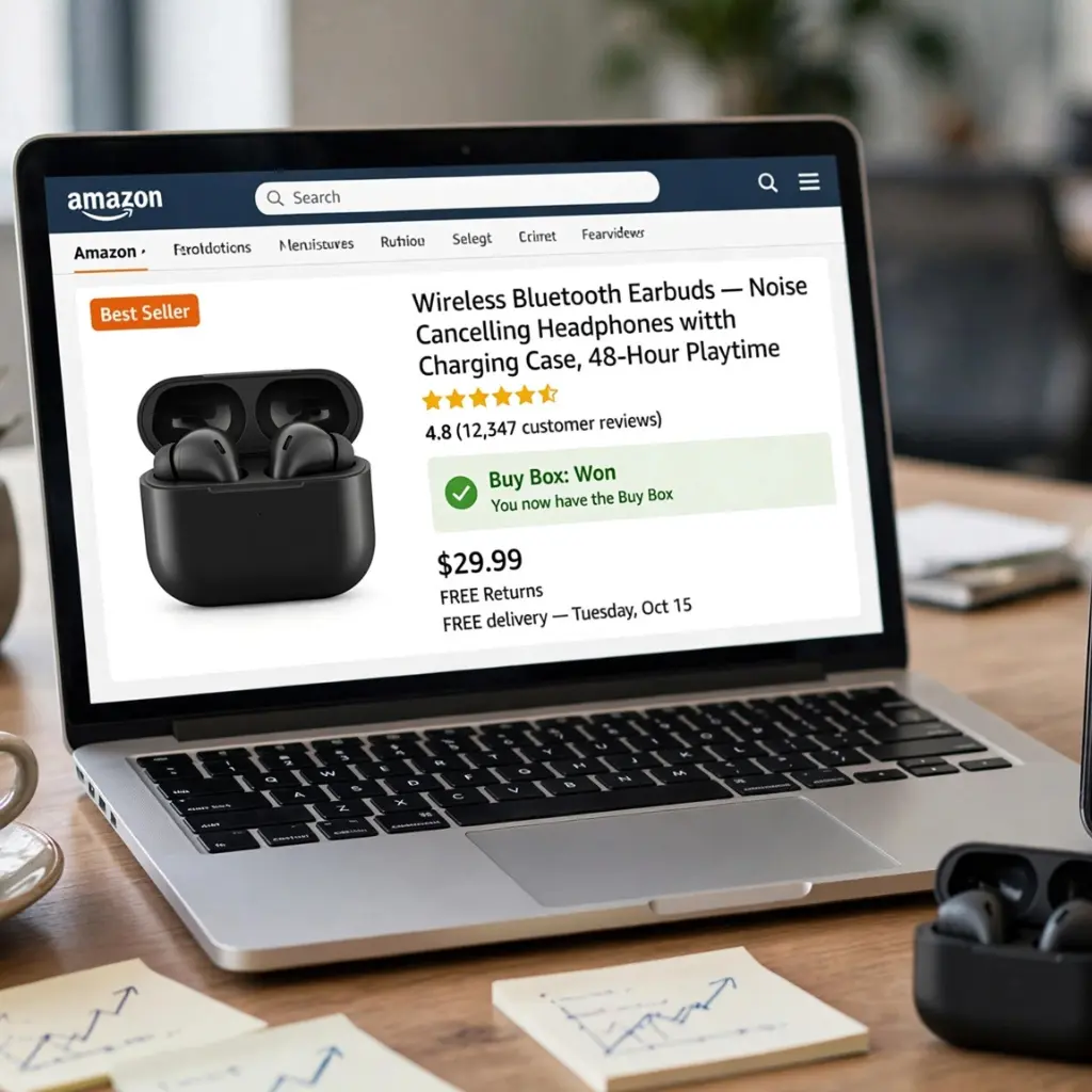 Amazon product listing for wireless earbuds on a laptop