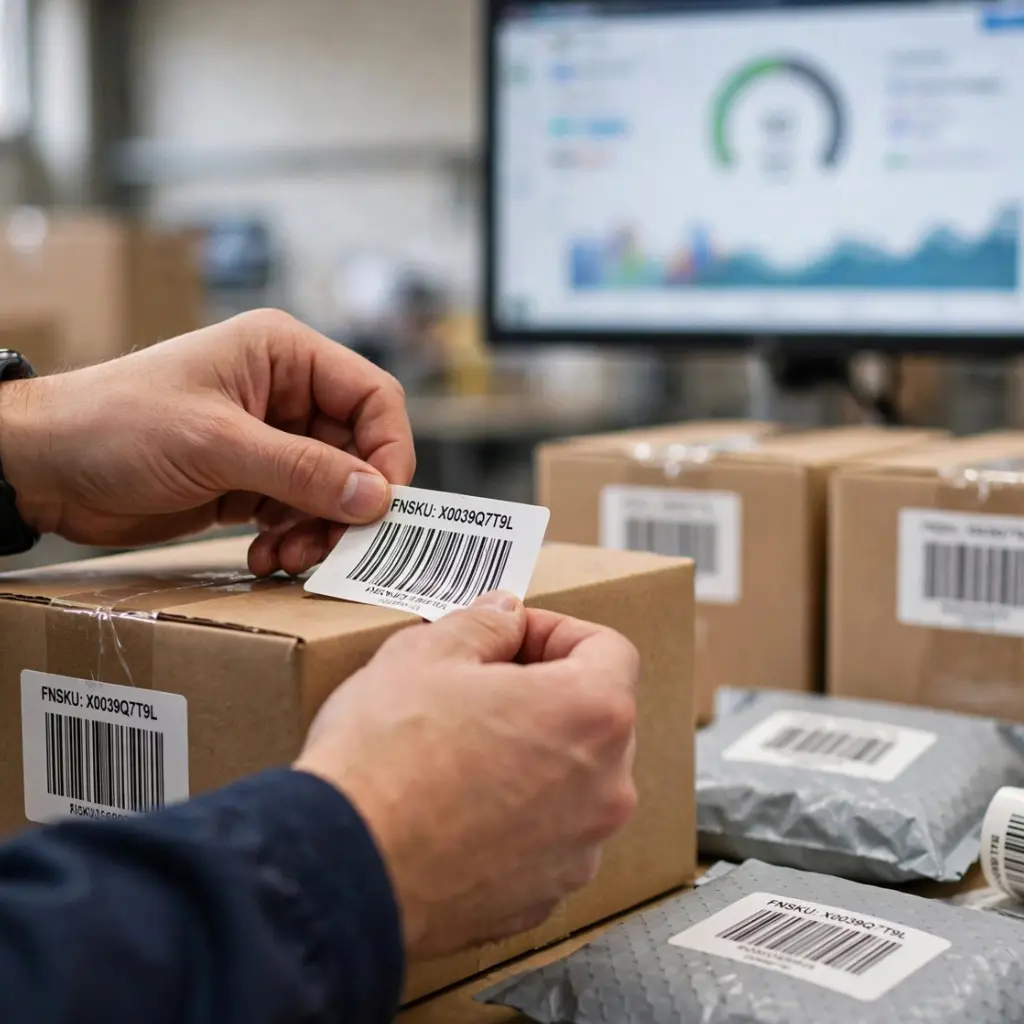 Amazon FBA shipping boxes being labeled and scanned as part of Amazon marketing and logistics support