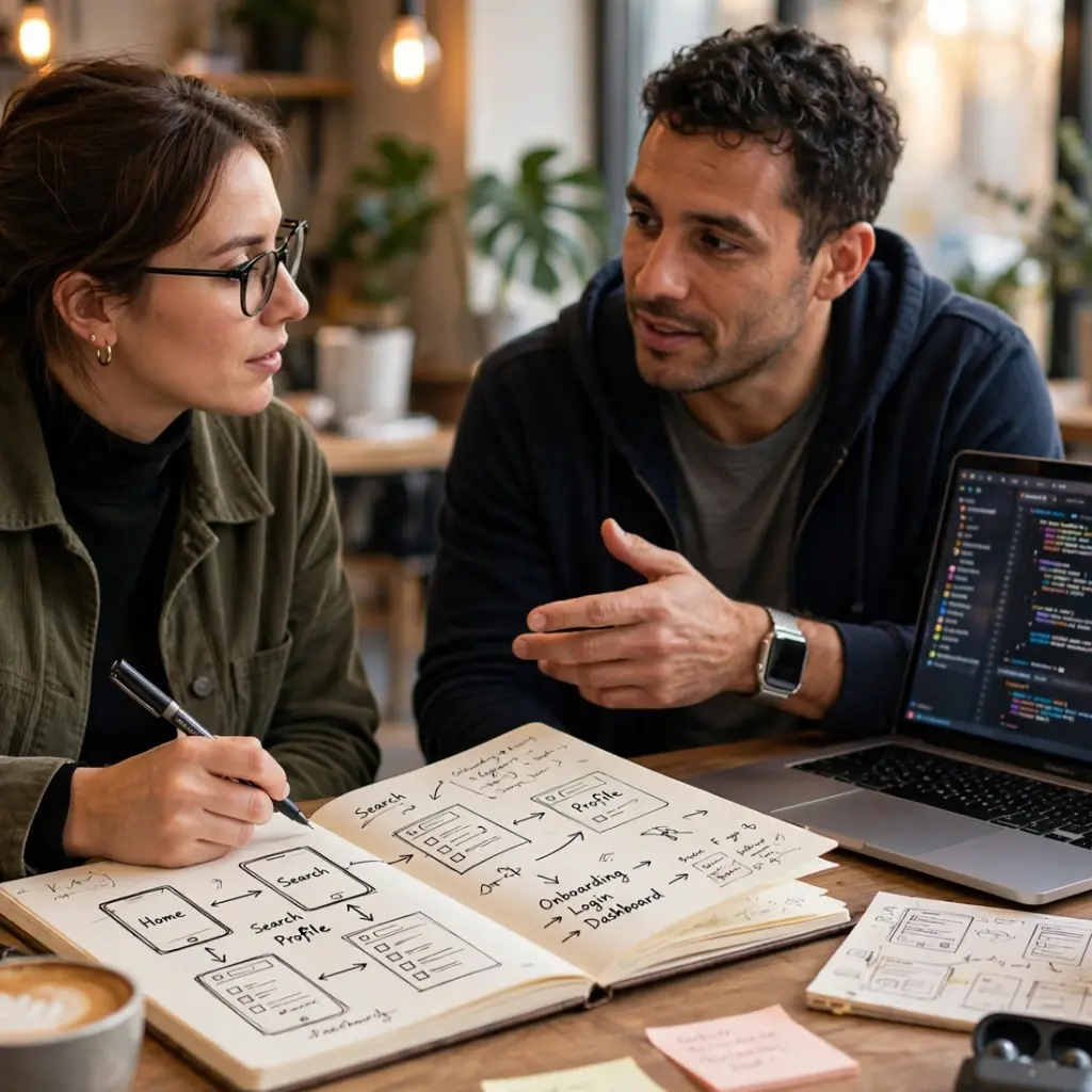 Web designers planning a small business website wireframe and user experience in a notebook