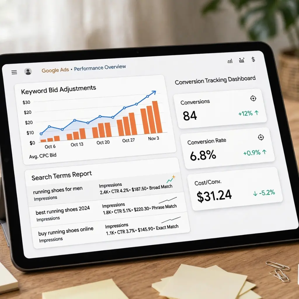 Ecommerce sales analytics dashboard showing Amazon ACoS, TACoS and revenue growth on a tablet