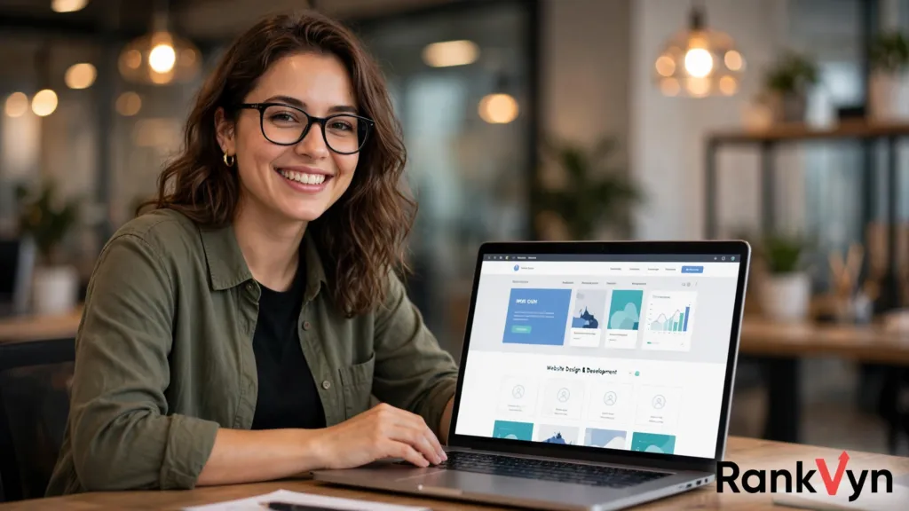 Small business owner smiling while reviewing her new professionally designed website on a laptop